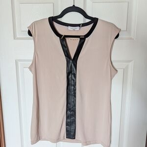 Calvin Klein Beige Sleeveless Blouse with Black Trim and Gold Chain